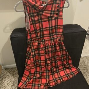 Red Plaid Sleeveless Dress with Buttons